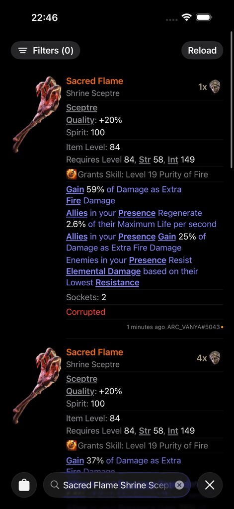 Market search results for Sacred Flame Shrine Sceptre in the Data of Exile app showing item stats and prices