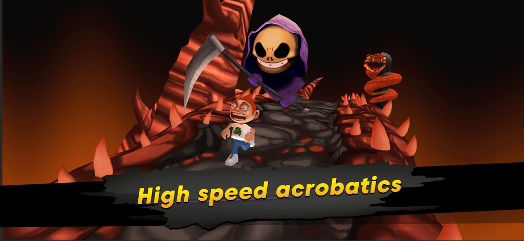 Running Fred - Fred running away from a Grim Reaper character in a dark hellish level