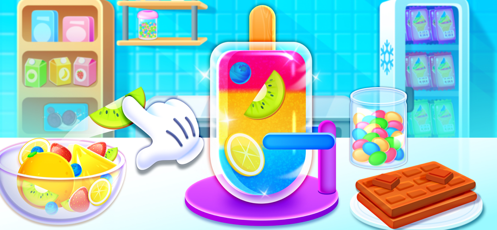 A child making a colorful fruit popsicle in the Ice Cream Cooking for Kids educational app