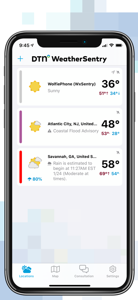 WeatherSentry app dashboard showing weather forecasts and alerts for different business locations