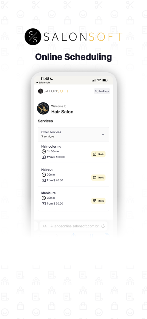 Schermata del telefono mobile che mostra l'interfaccia di pianificazione online di Salon Soft con opzioni di prenotazione per servizi di colorazione, taglio di capelli e manicure.