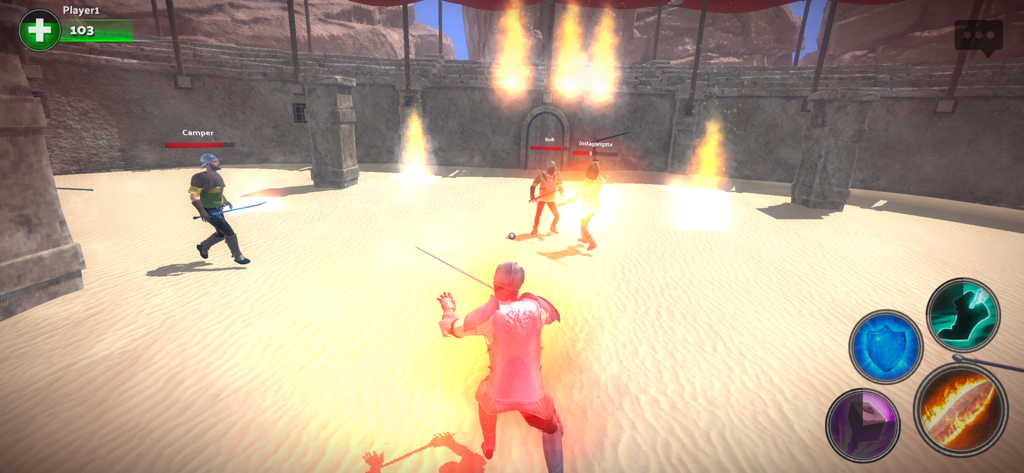 Knights of Glory : Online - A multiplayer arena combat scene in Knights of Glory Online featuring knights using spells and swords in a 3D desert environment.