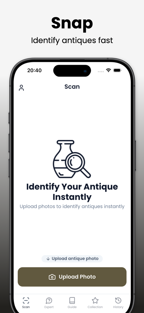 Antique Identifier app scan interface to identify antiques instantly