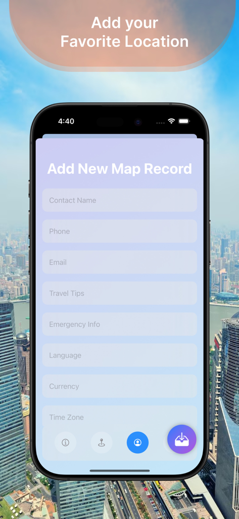 Tracking Maps Max+ - Add New Map Record screen in PathKeep Map Info app showing travel detail fields