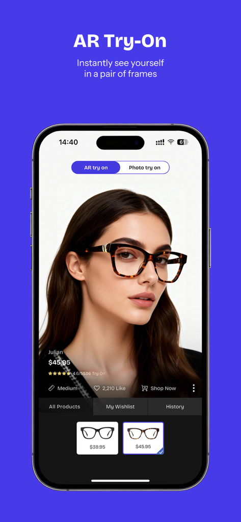 Zeelool - Eyewear For Everyday - Interface de l'application mobile Zeelool affichant la fonction d'essayage virtuel de lunettes en AR.