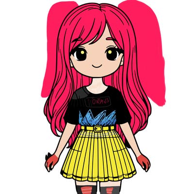 a girl wearing a shirt and skirt, with long hair