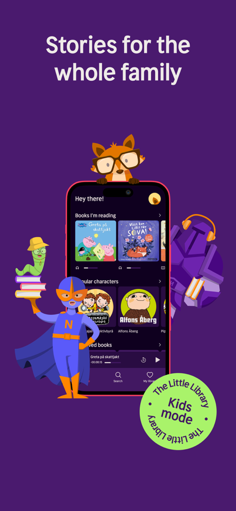 Nextory: Audiobooks & E-books - Interface do aplicativo móvel Nextory mostrando o Modo Infantil com uma seleção de histórias e personagens para crianças.