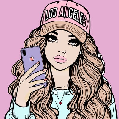 realistic beautiful girl wearing los ángeles cap holding an iphone