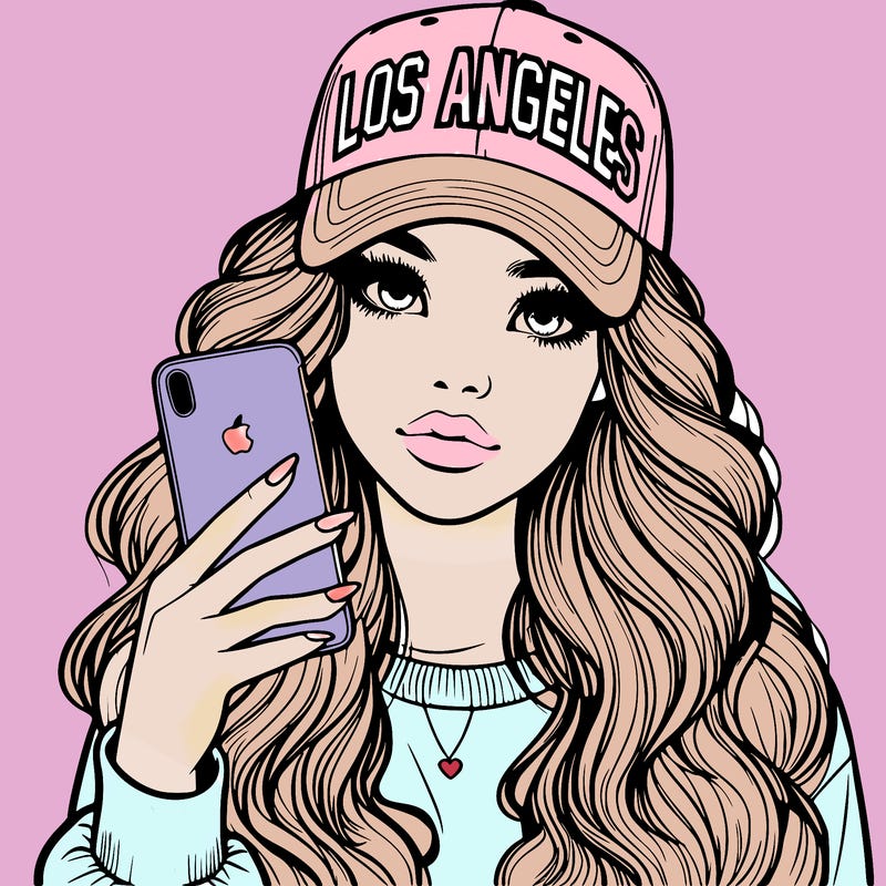 realistic beautiful girl wearing los ángeles cap holding an iphone