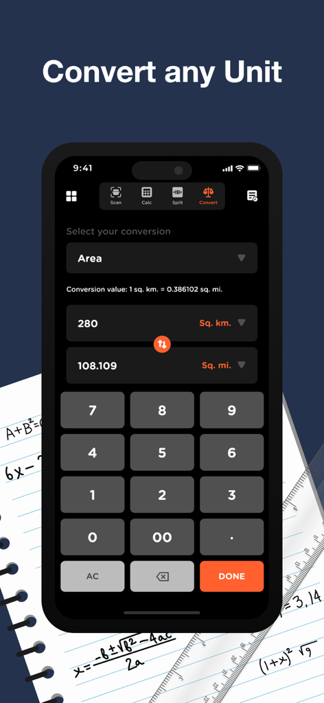 The Math Solver App & Helper - Math Solver app interface showing unit conversion feature for area with a numeric keypad