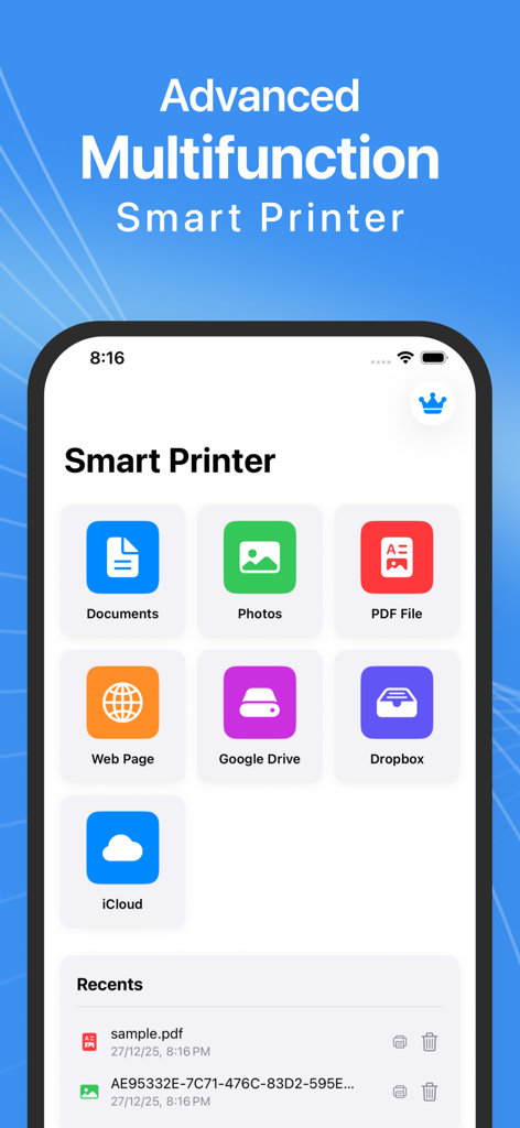 Smart Printer : Instaprint App - Dashboard of the Smart Printer app showing options to print from Documents, Photos, PDF, Web Page, and Cloud Storage services like Google Drive and Dropbox.
