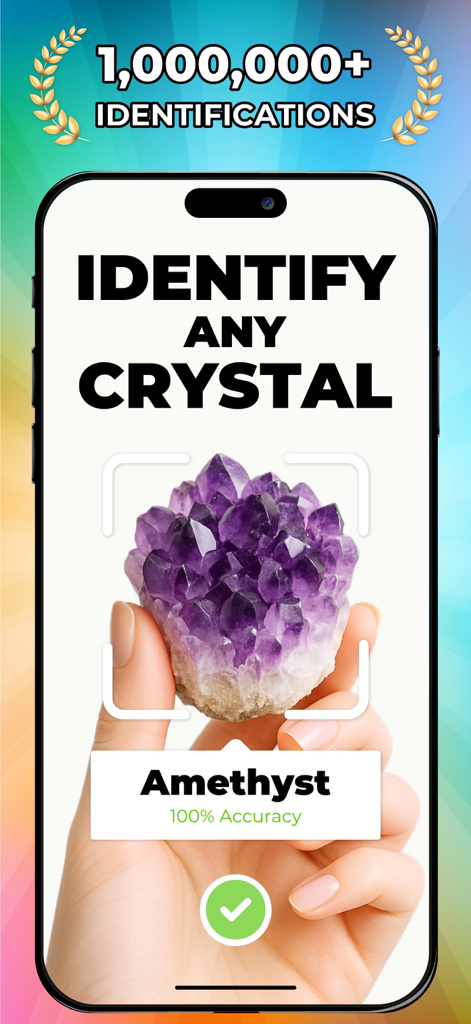 Rock & Crystal Identifier - Smartphone screen identifying a purple amethyst crystal with high accuracy using the Rock and Crystal Identifier app.
