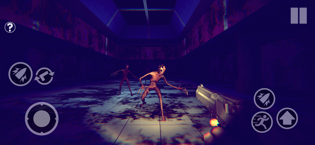 Loop Forest Grandpa in Forest - First-person perspective of a player aiming a gun at humanoid monsters in a dark purple hallway.