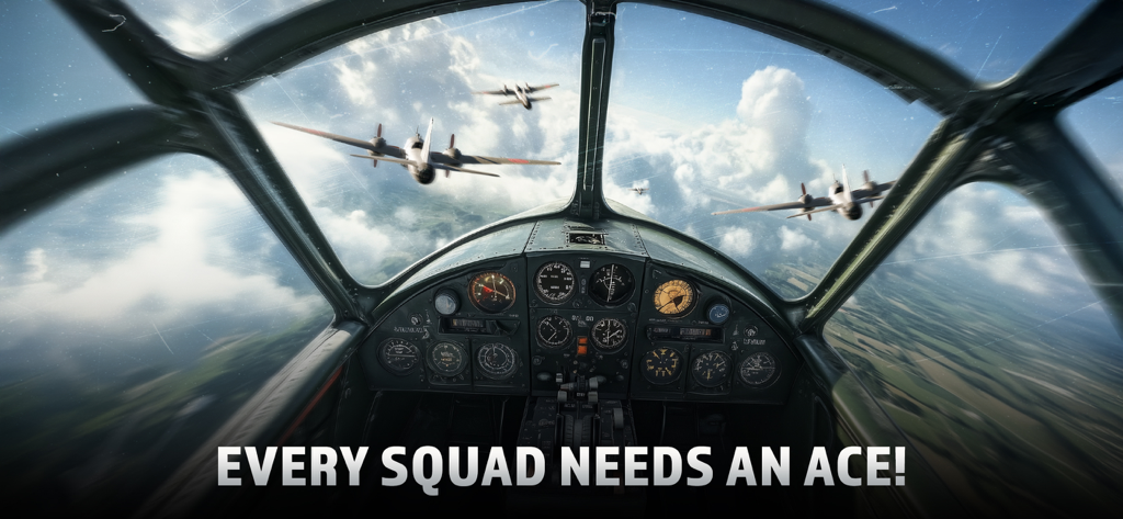 Wings of Heroes: WW2 Planes - Una vista en primera persona desde la cabina de un avión de la Segunda Guerra Mundial mirando hacia afuera a un escuadrón de aviones volando entre nubes.