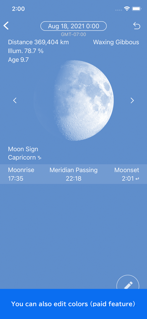 Mobile app interface displaying detailed moon phase information including illumination distance and Capricorn sign