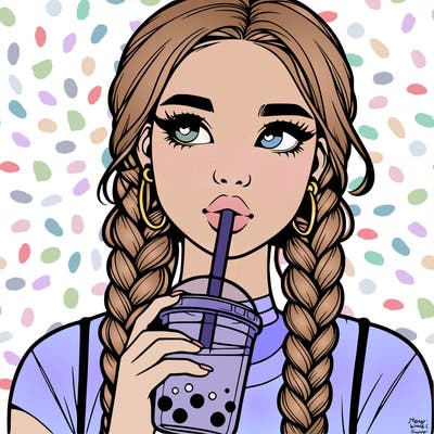 realistic girl with braided hair drinking boba