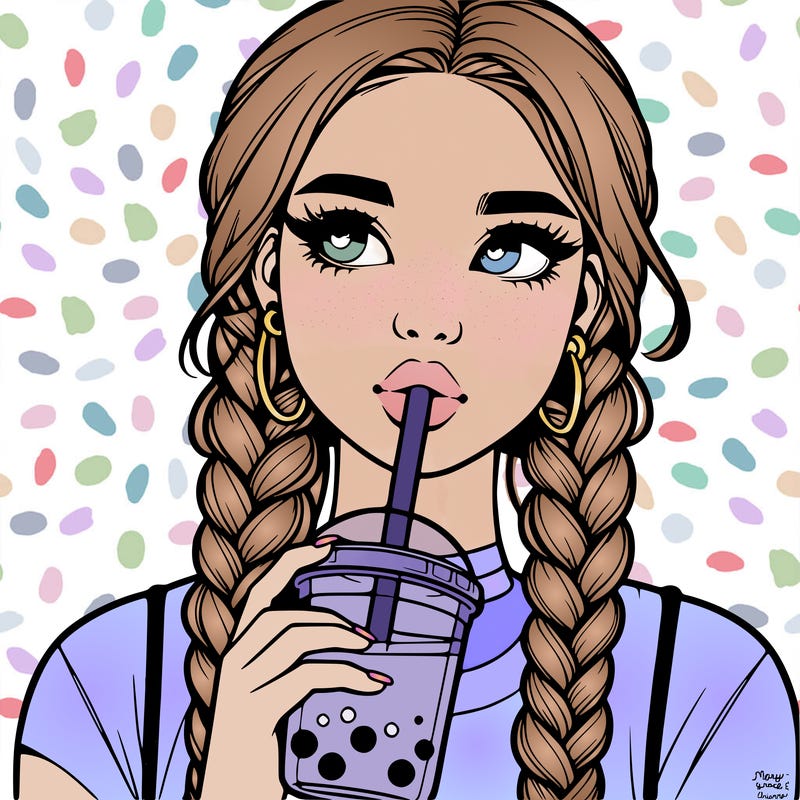 realistic girl with braided hair drinking boba