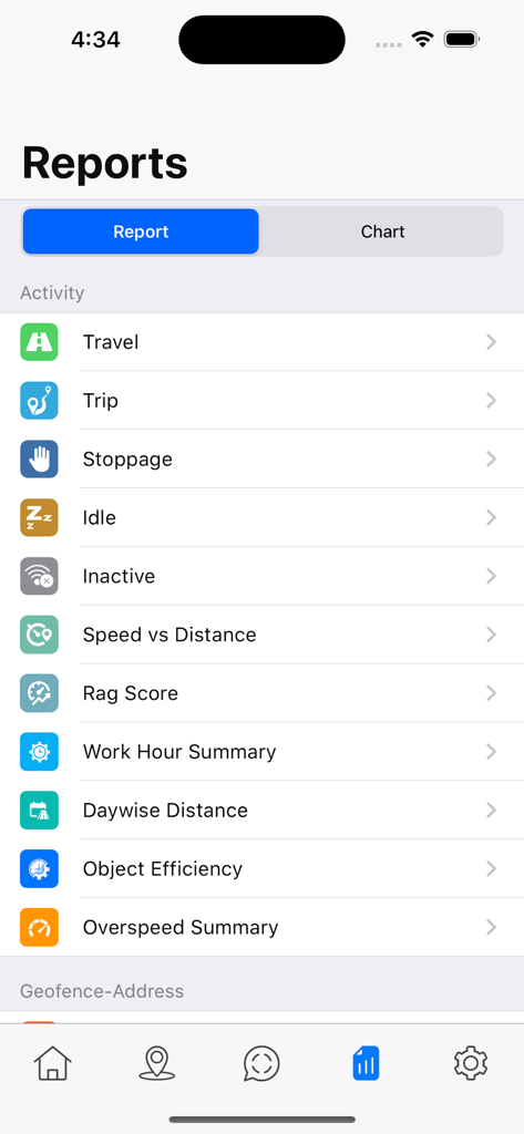 Mobitrack Pro - Mobitrack Pro reports screen displaying vehicle travel trip and stoppage summaries