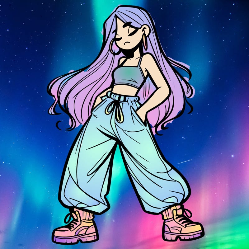 girl in baggy pants crop top and long hair