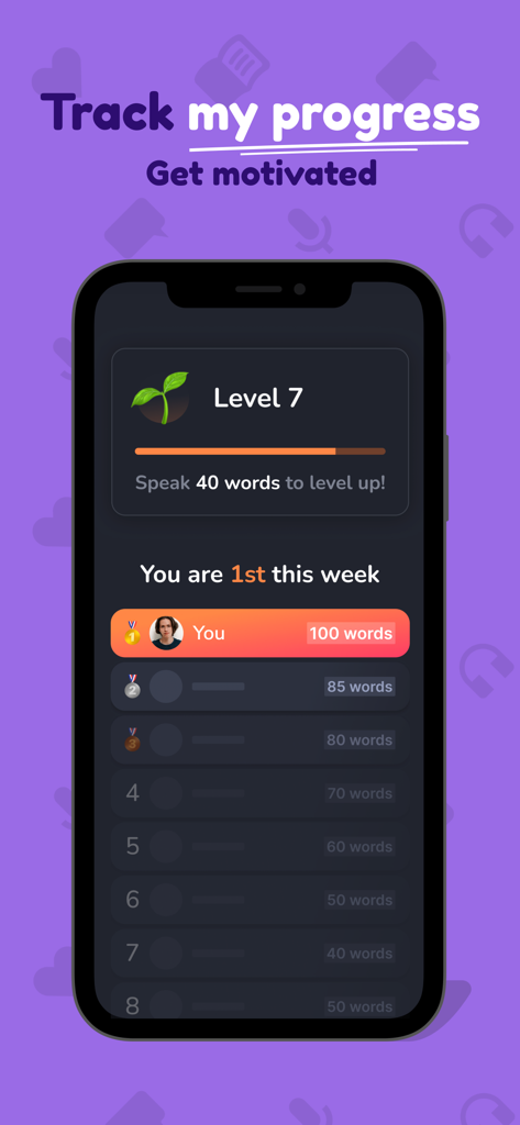 Hilokal: Language Exchange App - Una pantalla móvil de la app Hilokal que muestra una tabla de clasificación semanal y el seguimiento del progreso del recuento de palabras