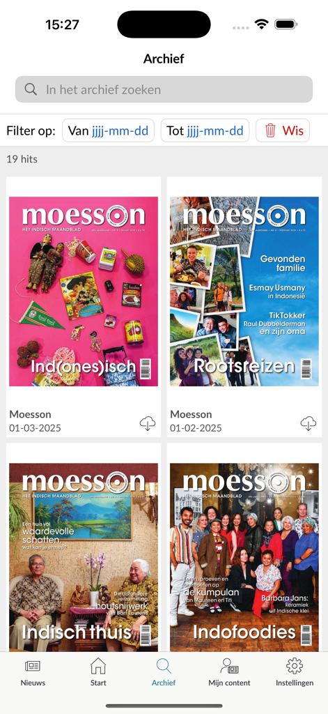 Pantalla de archivo de revistas digitales de la aplicación Moesson que muestra portadas mensuales con temas culturales indochinos