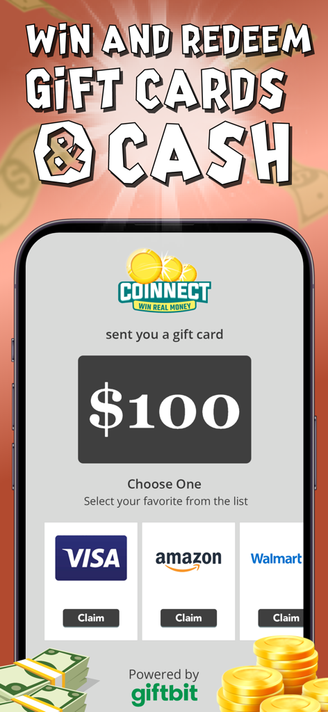 Coinnect Pro: Win Real Money - A mobile screen from Coinnect Pro showing a 100 dollar reward with options to claim through Visa Amazon or Walmart