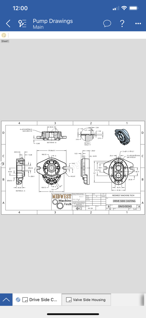 Desenho mecânico detalhado 2D de uma carcaça do lado da tração no aplicativo móvel Onshape