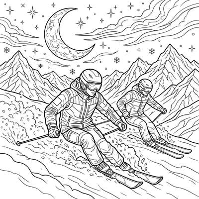 Experience the exhilaration of freeride skiing under a dramatic night sky with this captivating coloring page. Two adventurous skiers carve through fresh powder, surrounded by towering mountains and twinkling stars.
