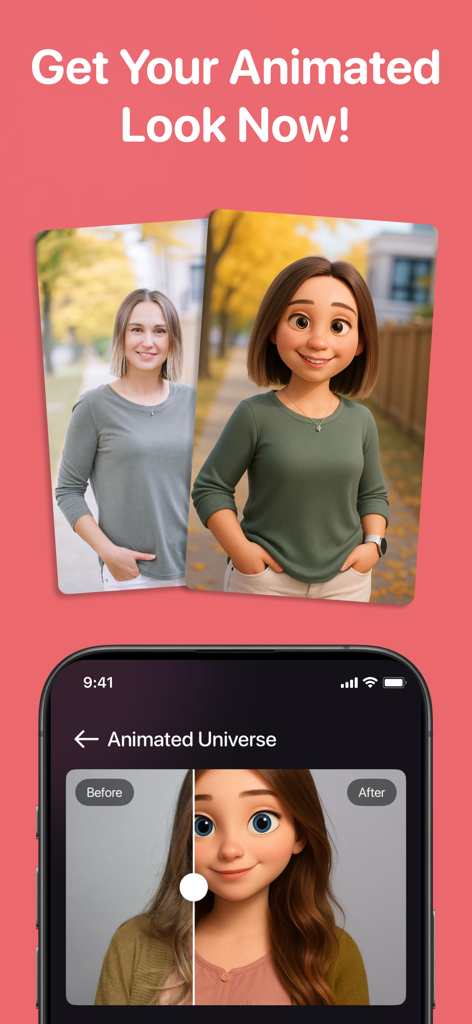 PepAI - Your Daily Companion - A comparison of a real photo and an AI-generated 3D animated version of a woman within the PepAI app interface