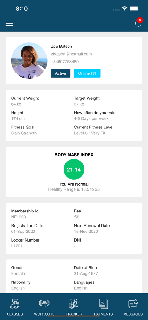 NeoFit - User profile page on the NeoFit fitness app showing personal health data and body mass index