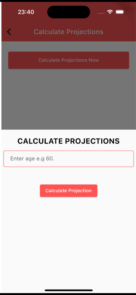 PPS Member App - PPS Member App pension projection calculation screen with age input field