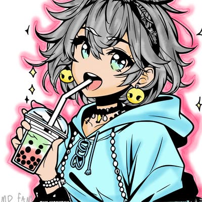 hot baddie anime girl drinking boba and biting the straw