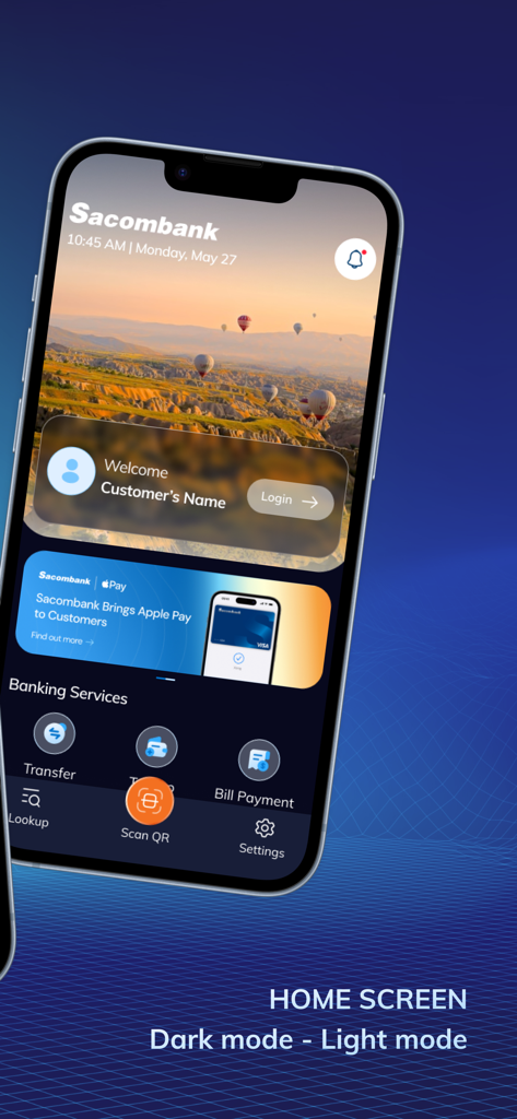 Sacombank E-Pay - Sacombank E-Payモバイルアプリのホーム画面。銀行サービスとダークモードインターフェースが特徴です。