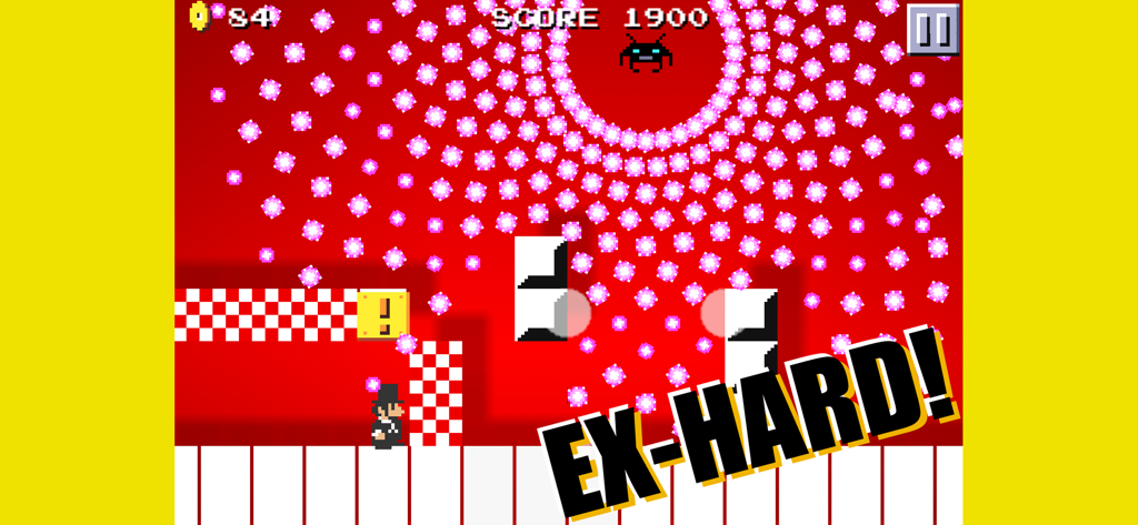 SUPER MEGA RUNNERS - Retro pixel art platformer gameplay showing a character in a top hat facing a circular pattern of pink energy projectiles in an EX-HARD stage.