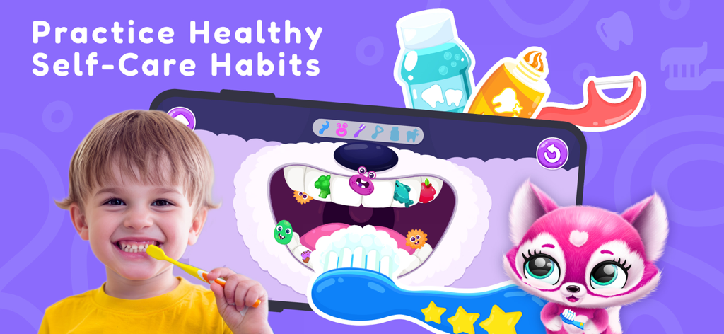 Fluvsies Academy: Learn & Play - Ein kleiner Junge putzt sich die Zähne neben einem digitalen Dentalhygiene-Spiel aus der Fluvsies Academy App