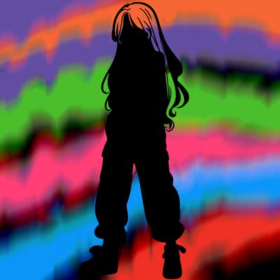 girl in baggy pants crop top and long hair