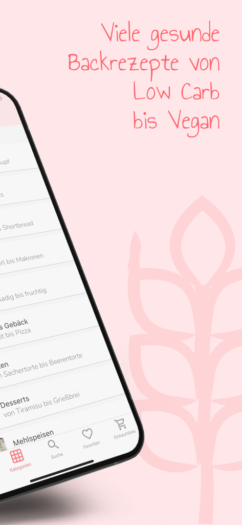Backen macht glücklich - 低炭水化物やビーガンオプションを含むヘルシーベーキングカテゴリを表示するモバイルアプリ画面。