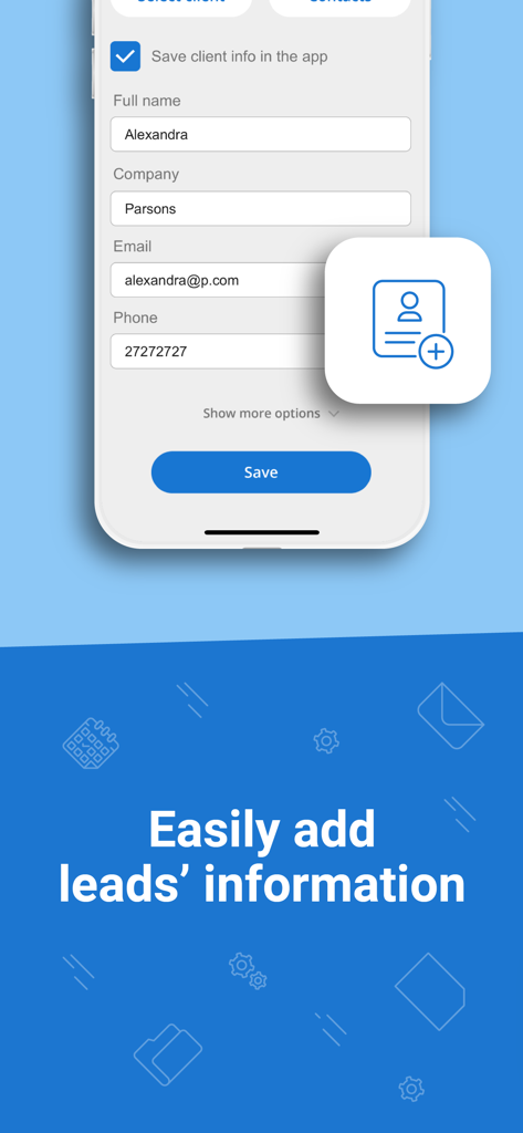 Oberfläche der Messe-Lead-Erfassungs-App, die ein Formular zum Hinzufügen des Namens, des Unternehmens und der Kontaktdaten eines neuen Leads anzeigt