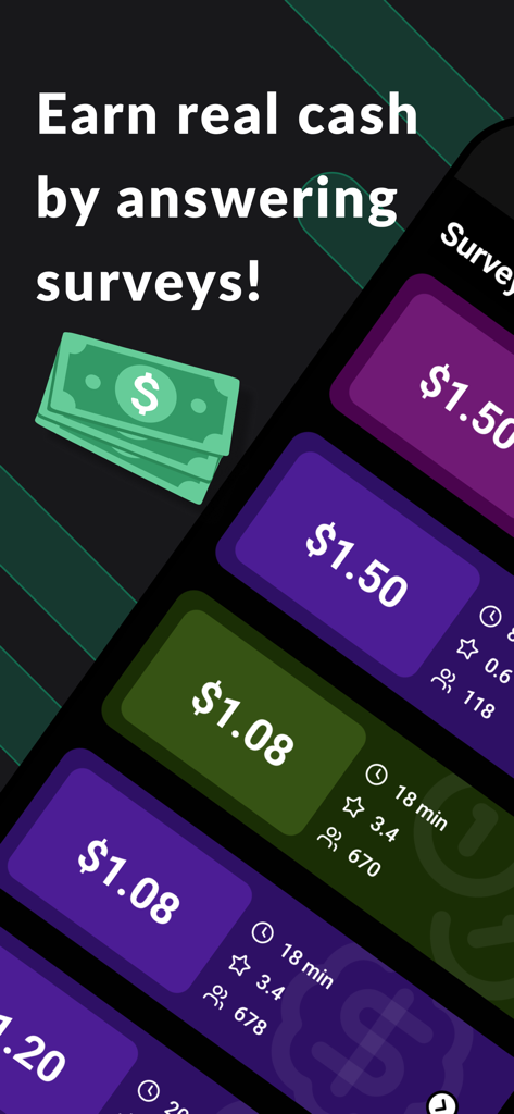 SurveyBank: Earn Cash - SurveyBank app interface showing available surveys and cash rewards.