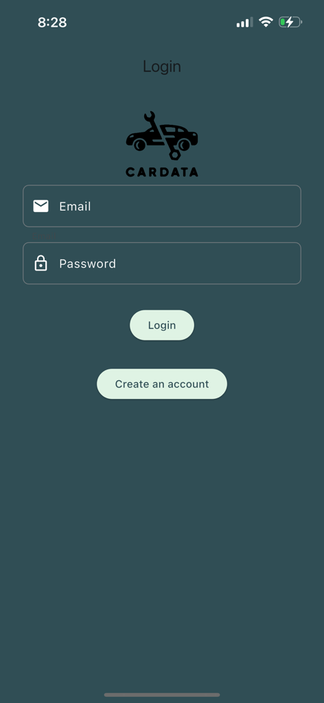 Car-Data - Écran de connexion de l'application Car-Data avec le logo composé d'une voiture et d'une icône de clé à molette, ainsi que des champs de saisie pour l'e-mail et le mot de passe.