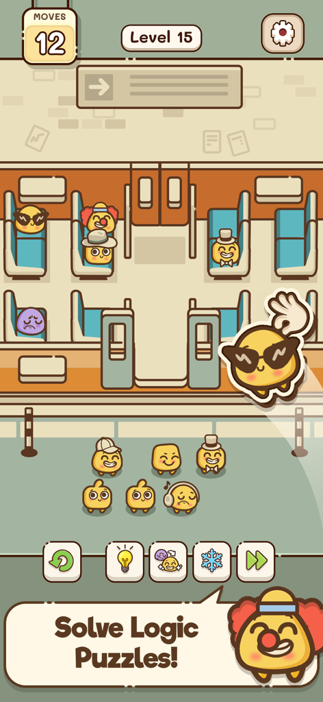 Una pantalla de juego de puzle de lógica acogedor que presenta adorables personajes sentados en un vagón de tren.