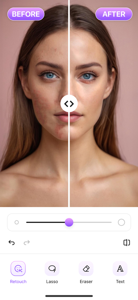 Before and after skin retouching comparison in the Magic Eraser photo editing app
