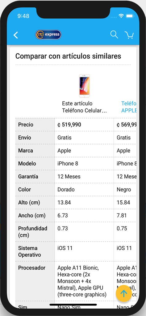 MExpress - MExpress mobile app product comparison screen showing technical specifications and prices for two iPhone models