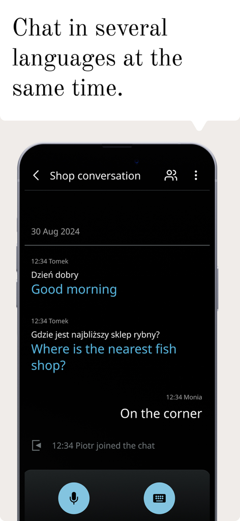 Vasco MultiTalk 앱의 인터페이스에 폴란드어와 영어 간 실시간 번역이 포함된 다국어 그룹 채팅이 표시됩니다.