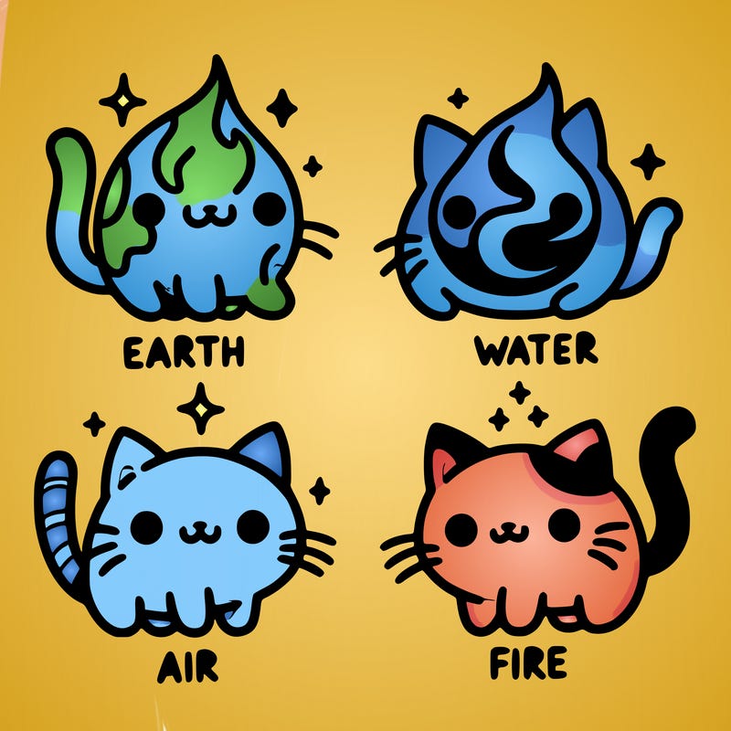 4 cats that represent the different elements, earth, water, air, and fire