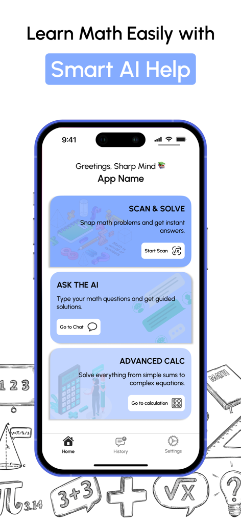 Math Homework Helper: AI Chat - Home screen of the Math Homework Helper app showing scan and solve, ask the AI, and advanced calculator features
