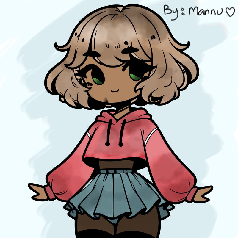 cute femboy with short, fluffy hair that softly frames their face, wearing a cropped hoodie, paired with a flouncy short skirt, and thigh-high stockings