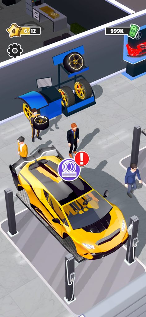 Car Dealer Idle 3D - Un'auto sportiva gialla in riparazione in un moderno laboratorio di concessionaria d'auto 3D con meccanici e scaffali per pneumatici.