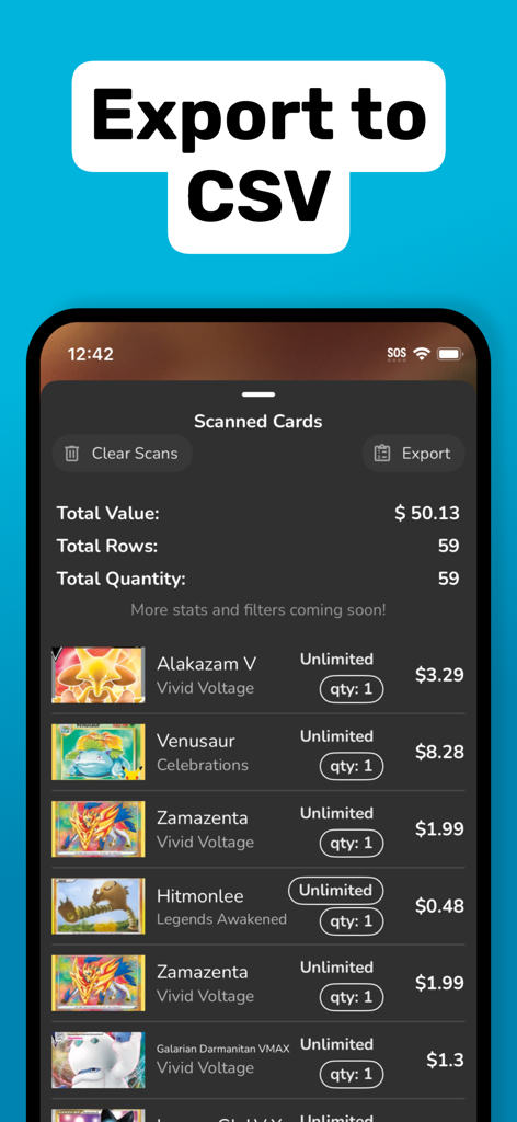 Mobile app screen showing a list of scanned Pokémon cards with their market values and an option to export data to CSV