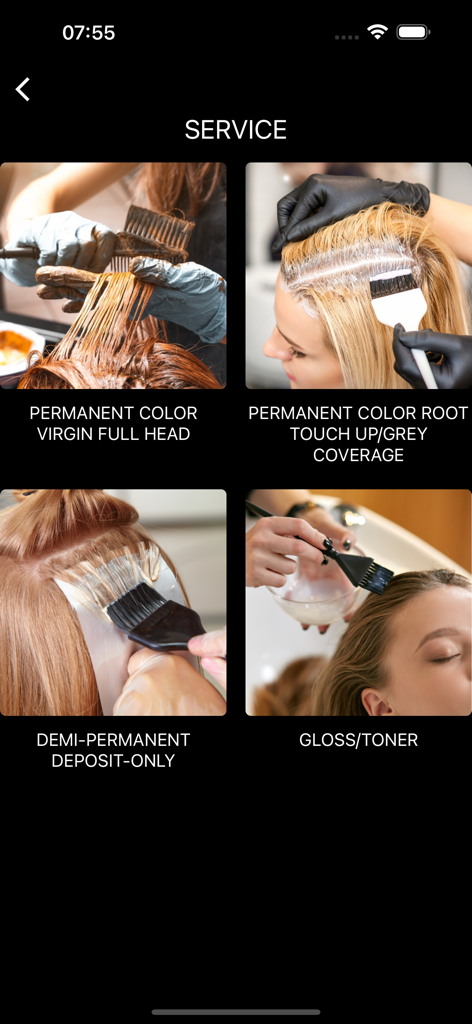 Color Coach Hair Formulation - A screen within the Color Coach app displaying professional hair color service options like permanent color and root touch up